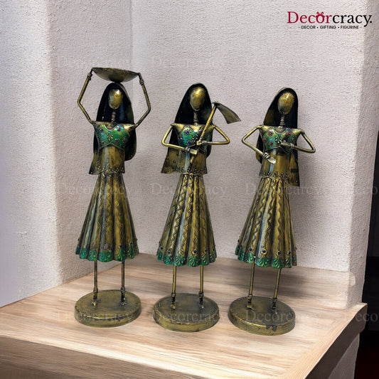 3pc Working Women Set Antique Gold  Iron Showpieces Tribal Art Musical Instrument TV Unit Décor Tabletop