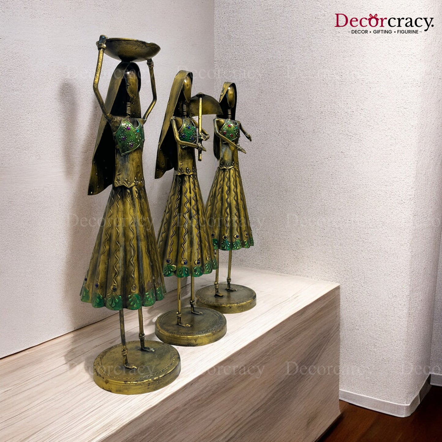 3pc Working Women Set Antique Gold  Iron Showpieces Tribal Art Musical Instrument TV Unit Décor Tabletop