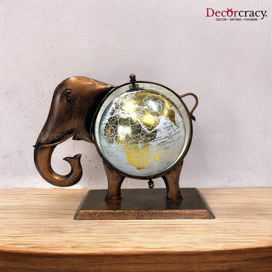 Elephant Globe Copper Iron Showpiece Vintage Tribal Art TV Unit Décor Tabletop