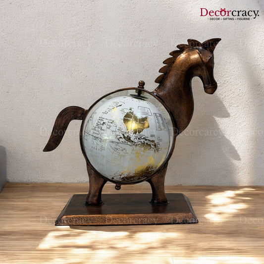 Horse Globe Copper Iron Showpiece Vintage Tribal Art TV Unit Décor Tabletop