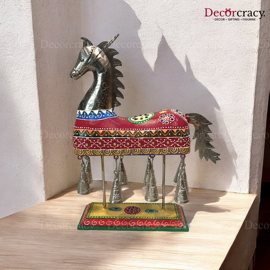 Horse with Bells Windchime Wooden Iron Showpiece Vintage Tribal Art TV Unit Décor Tabletop