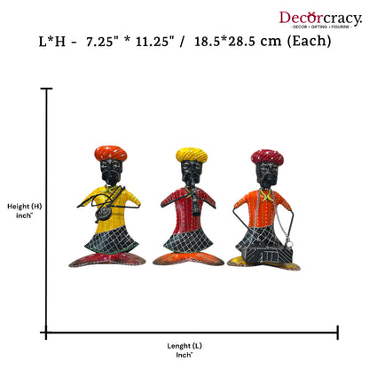 3pc Baarat Sitting Musician Iron Showpieces Tribal Art Musical Instrument TV Unit Décor Tabletop