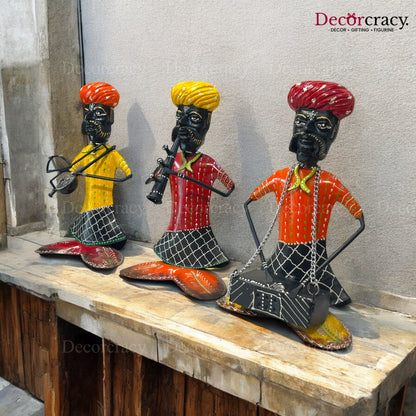 3pc Baarat Sitting Musician Iron Showpieces Tribal Art Musical Instrument TV Unit Décor Tabletop