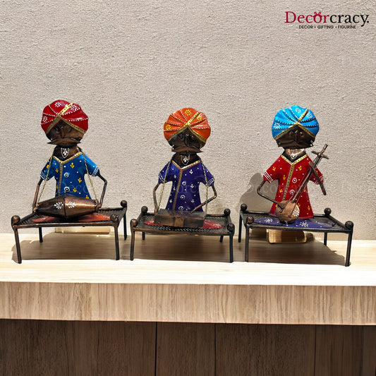 3pc Khaat Baarat Musician Iron Showpieces Tribal Art Musical Instrument TV Unit Décor Tabletop
