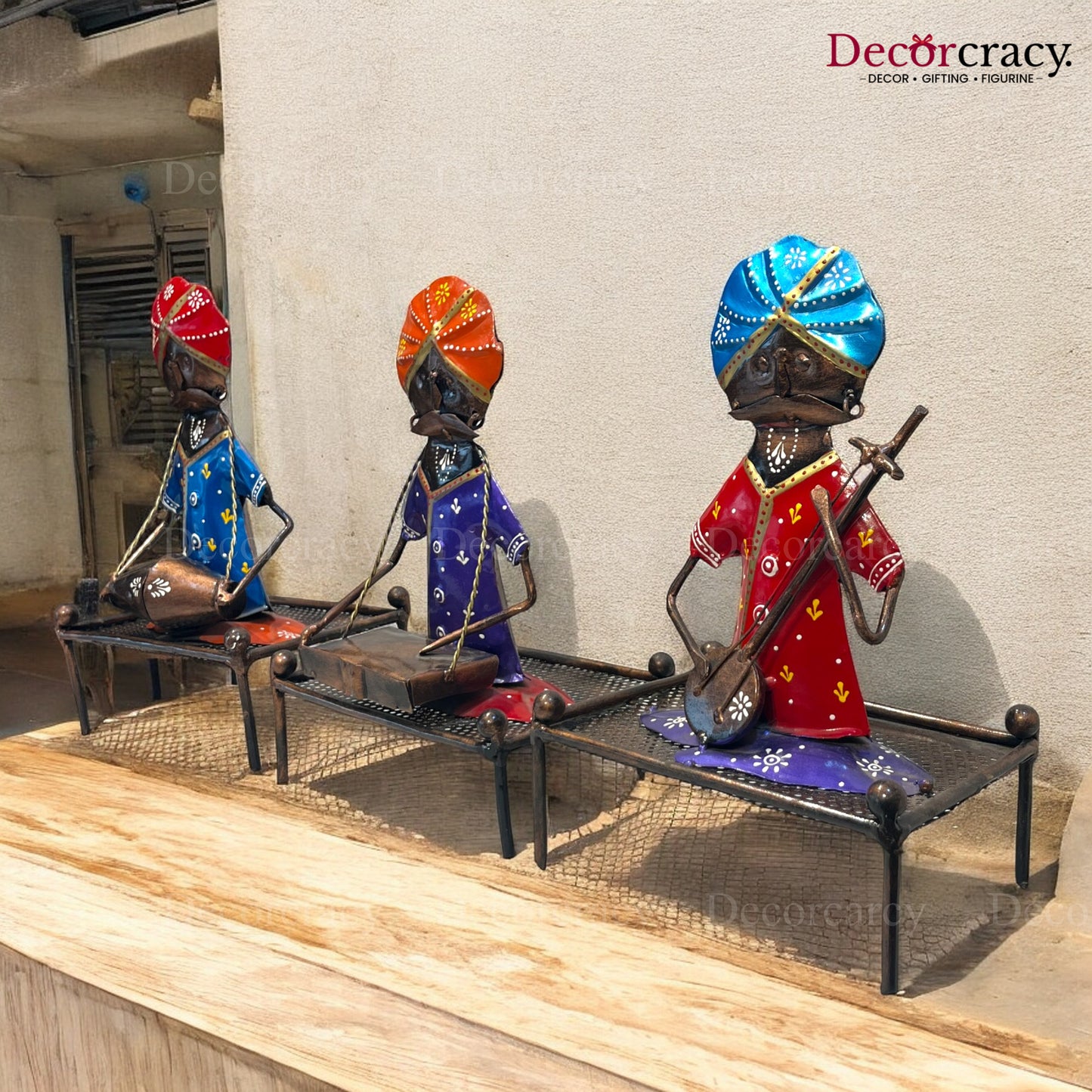 3pc Khaat Baarat Musician Iron Showpieces Tribal Art Musical Instrument TV Unit Décor Tabletop