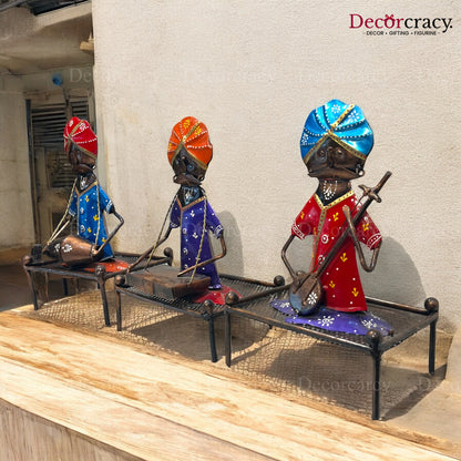 3pc Khaat Baarat Musician Iron Showpieces Tribal Art Musical Instrument TV Unit Décor Tabletop