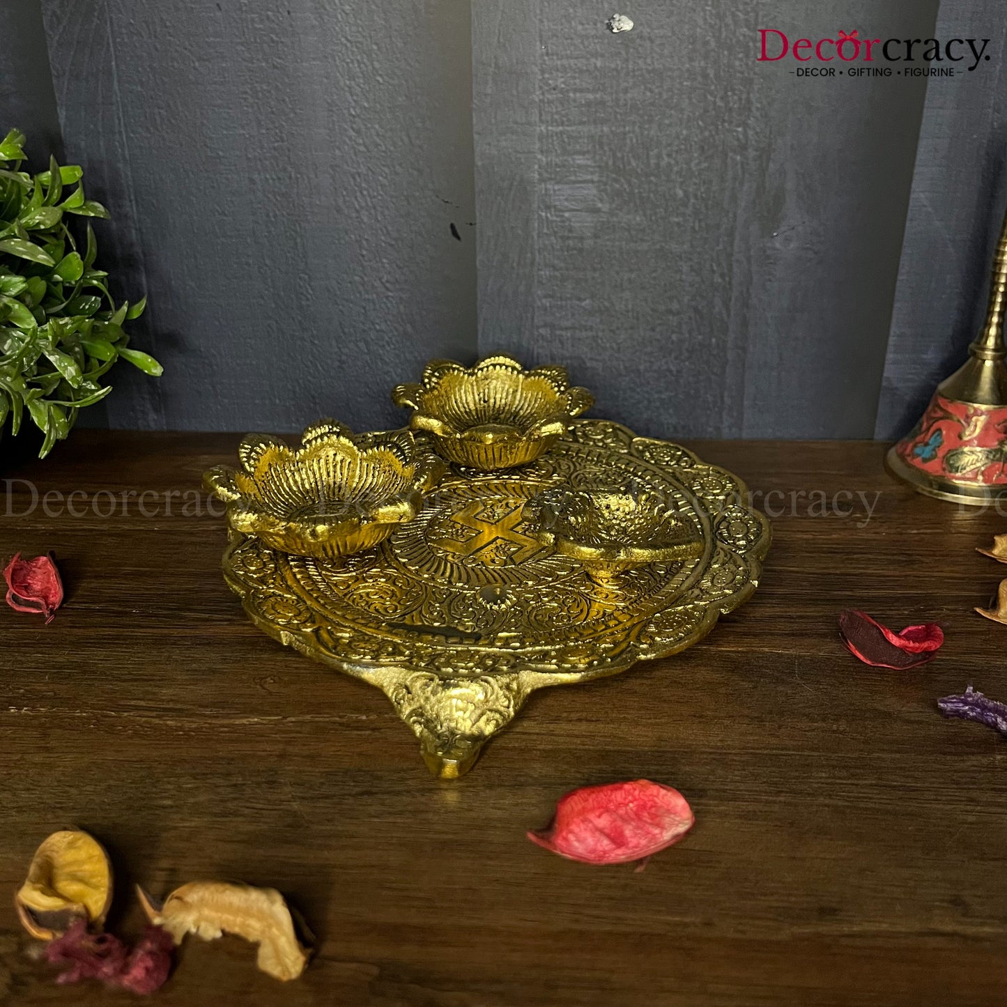 Pooja Thali with 2 Bowl 1 Diya Metal golden