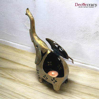 Elephant Tealight Iron Antique Golden Netted Design Tealight Candle Holder Stand Tribal Village Art