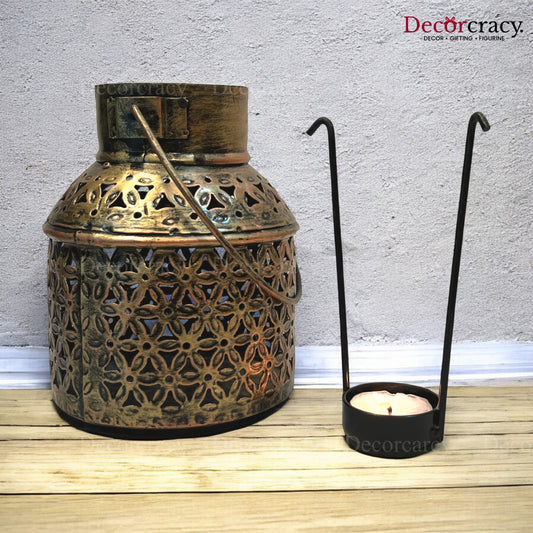 Ketley Lantern Iron Antique Golden Netted Design Tealight Candle Holder Stand Tribal Village Art