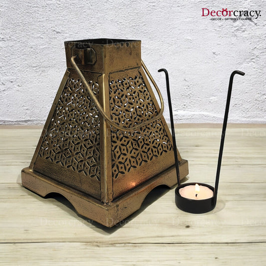 Lantern Iron Antique Golden Netted Design Tealight Candle Holder Stand Tribal Village Art