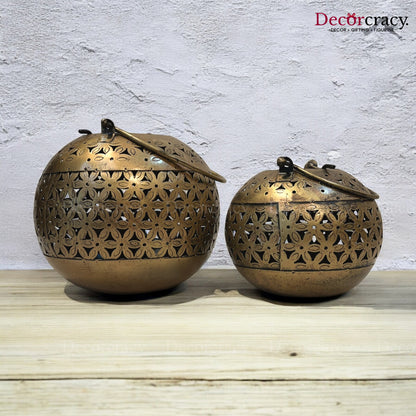 Pot Matka Set Iron Antique Golden Netted Design Tealight Candle Holder Stand Tribal Village Art