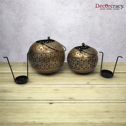 Pot Matka Set Iron Antique Golden Netted Design Tealight Candle Holder Stand Tribal Village Art