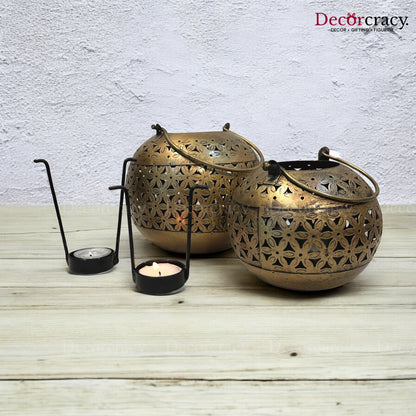 Pot Matka Set Iron Antique Golden Netted Design Tealight Candle Holder Stand Tribal Village Art
