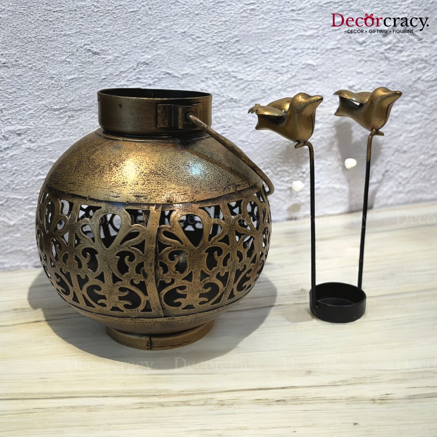 Pot Bird Matka Iron Antique Golden Netted Design Tealight Candle Holder Stand