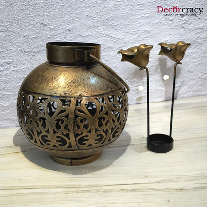 Pot Bird Matka Iron Antique Golden Netted Design Tealight Candle Holder Stand