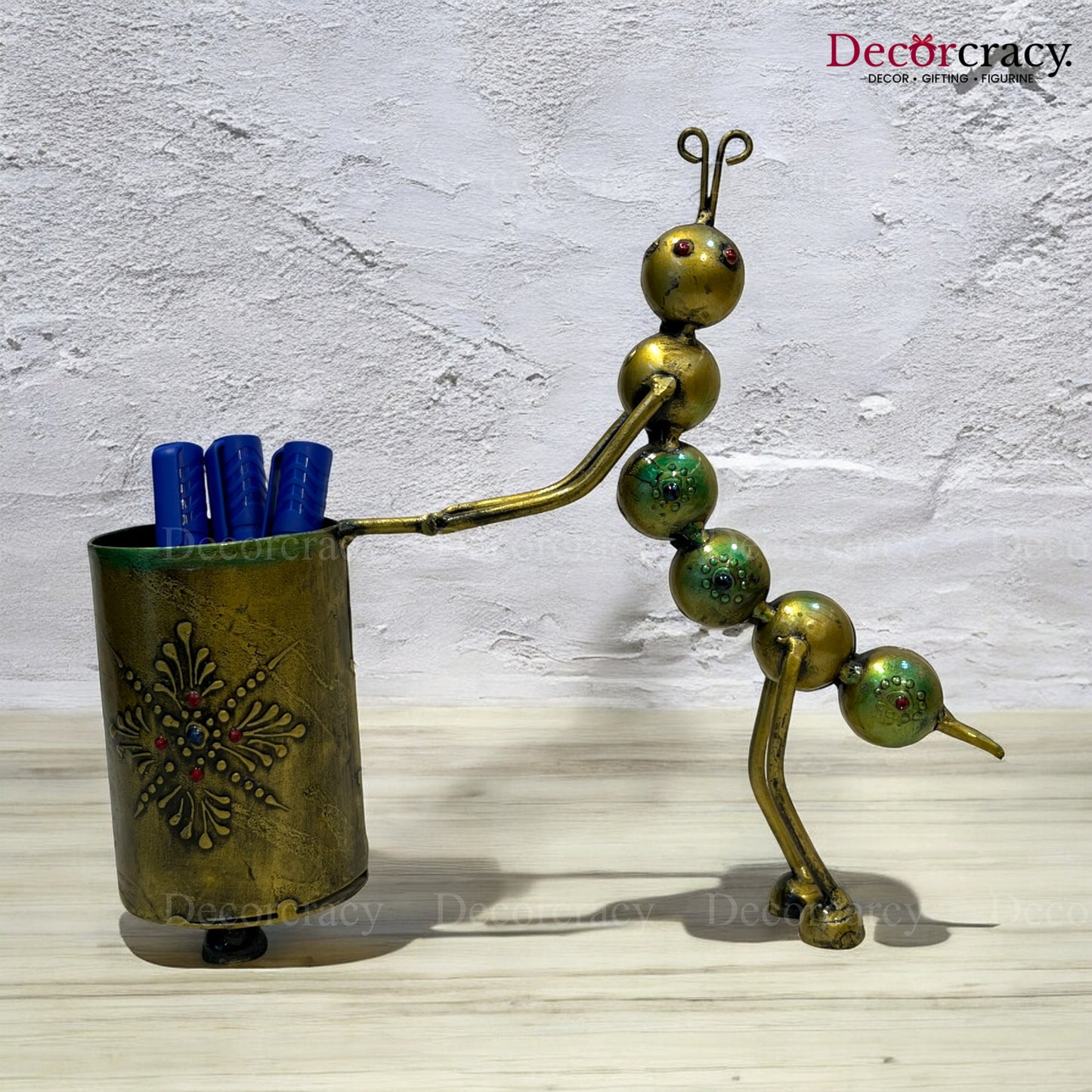 Caterpillar Pen Holder Antique Gold Iron Showpiece Vintage Tribal Art Office Study Tabletop
