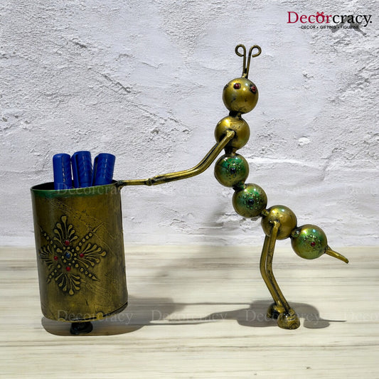 Caterpillar Pen Holder Antique Gold Iron Showpiece Vintage Tribal Art Office Study Tabletop