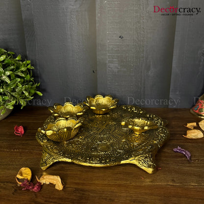Pooja Thali with 3 Bowl 1 Diya Metal golden
