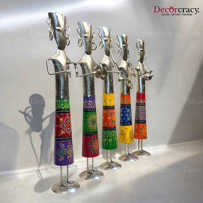 5pc Baarat Silver/Multicolor Musician Iron Showpieces Tribal Art Musical Instrument TV Unit Décor Tabletop