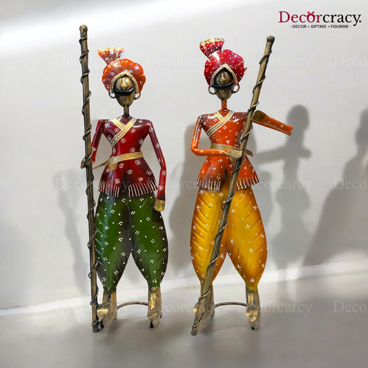2pc Rajasthani Guard Musician Iron Showpieces Tribal Art Musical Instrument TV Unit Décor Tabletop