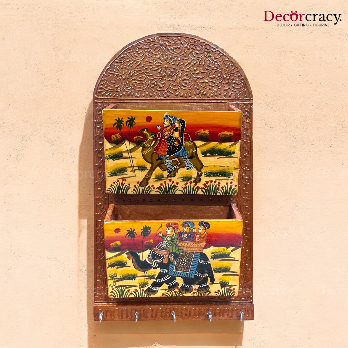 5 Hook Hanging Key Holder Double Letter Holder Hand Painted Wooden Rajasthani Art