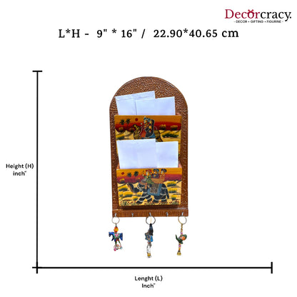 5 Hook Hanging Key Holder Double Letter Holder Hand Painted Wooden Rajasthani Art