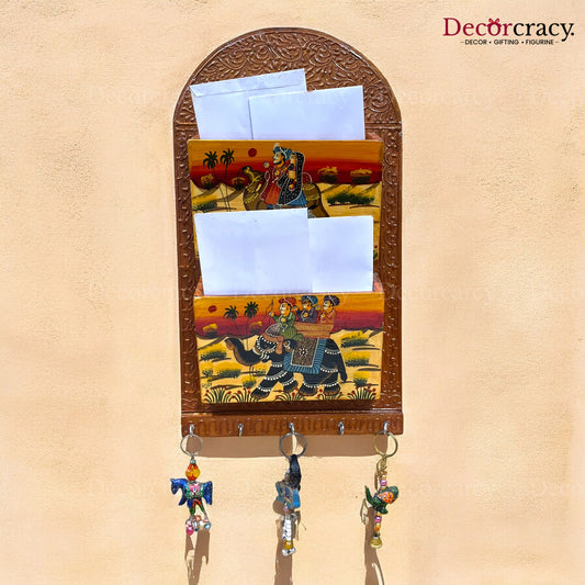 5 Hook Hanging Key Holder Double Letter Holder Hand Painted Wooden Rajasthani Art