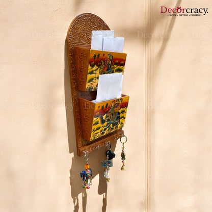 5 Hook Hanging Key Holder Double Letter Holder Hand Painted Wooden Rajasthani Art