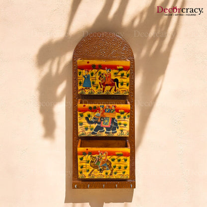 5 Hook Hanging Key Holder Triple Letter Holder Hand Painted Wooden Rajasthani Art