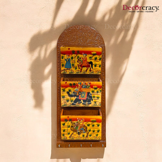 5 Hook Hanging Key Holder Triple Letter Holder Hand Painted Wooden Rajasthani Art