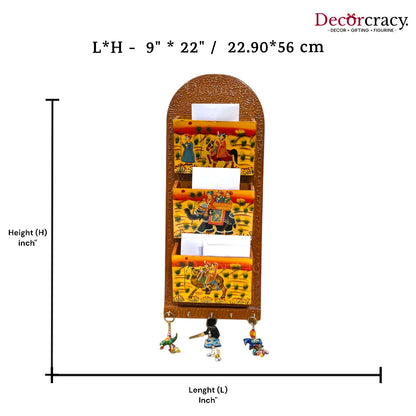 5 Hook Hanging Key Holder Triple Letter Holder Hand Painted Wooden Rajasthani Art