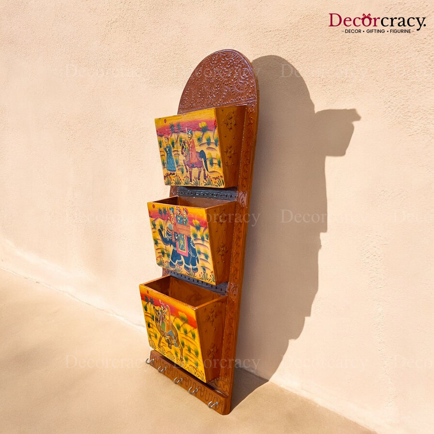 5 Hook Hanging Key Holder Triple Letter Holder Hand Painted Wooden Rajasthani Art