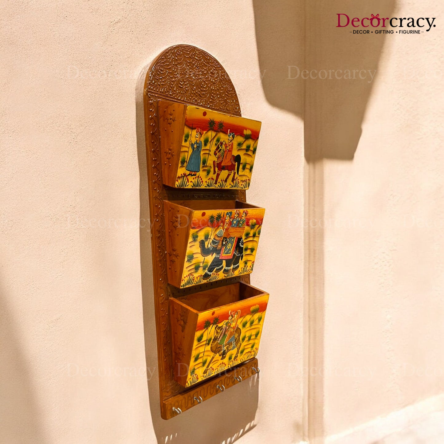 5 Hook Hanging Key Holder Triple Letter Holder Hand Painted Wooden Rajasthani Art