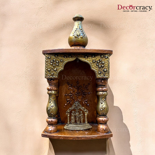 Mandir Wooden Antique Copper Hand Painted Wall Mounted Temple 12"
