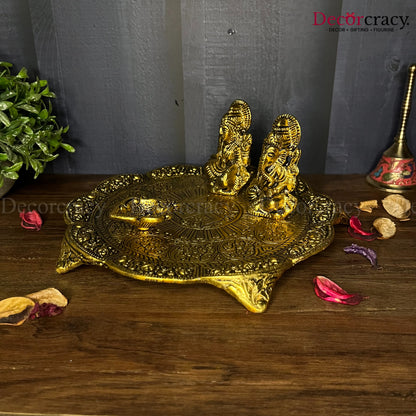 Lakshmi Ganesh Pooja Thali with 1 Diya Metal golden