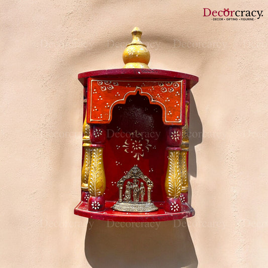 Mandir Wooden Multicolor Hand Painted Wall Mounted Temple 12"