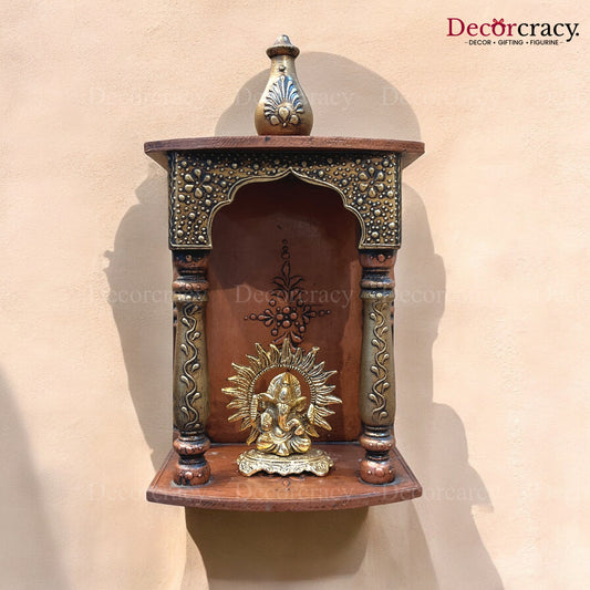 Mandir Wooden Antique Copper Hand Painted Wall Mounted Temple 13"