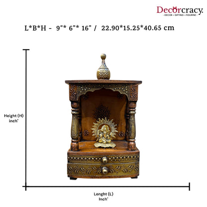 Mandir Double Storage Drawer Wooden Antique Copper Hand Painted Wall Mounted Temple 16"