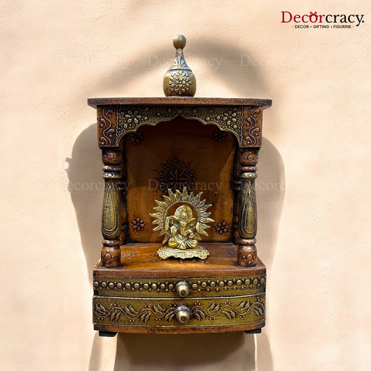 Mandir Double Storage Drawer Wooden Antique Copper Hand Painted Wall Mounted Temple 16"