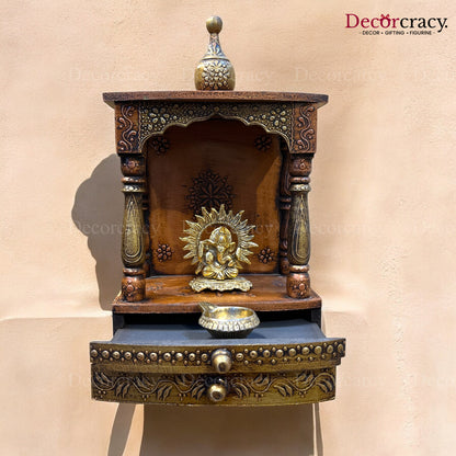 Mandir Double Storage Drawer Wooden Antique Copper Hand Painted Wall Mounted Temple 16"