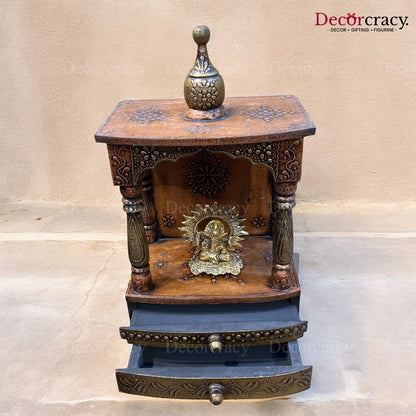 Mandir Double Storage Drawer Wooden Antique Copper Hand Painted Wall Mounted Temple 16"