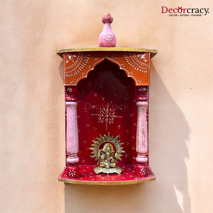 Mandir Wooden Multicolor Hand Painted Wall Mounted Temple 16"