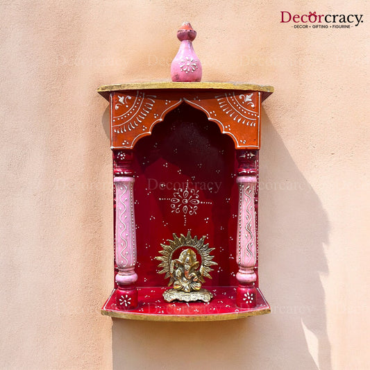 Mandir Wooden Multicolor Hand Painted Wall Mounted Temple 16"