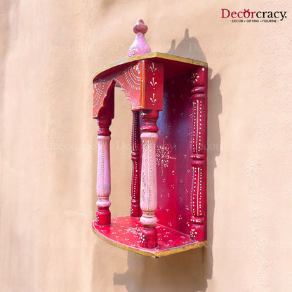Mandir Wooden Multicolor Hand Painted Wall Mounted Temple 16"