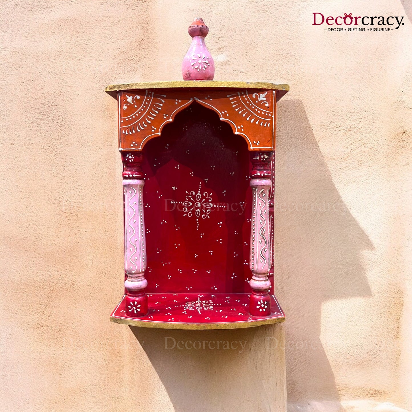 Mandir Wooden Multicolor Hand Painted Wall Mounted Temple 16"