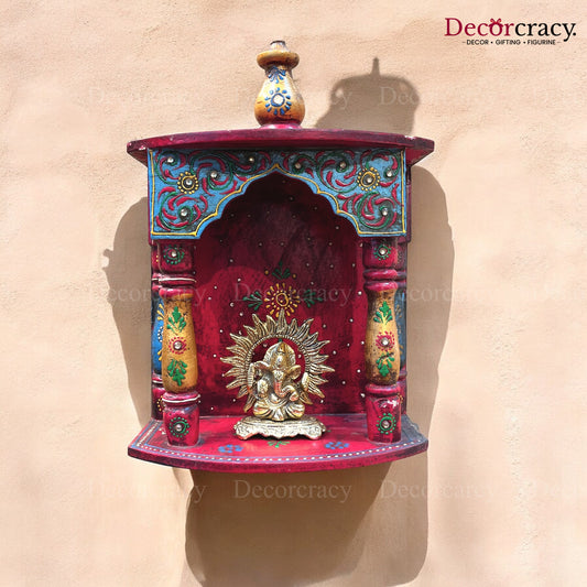 Mandir Wooden Multicolor Hand Painted Wall Mounted Temple 13"