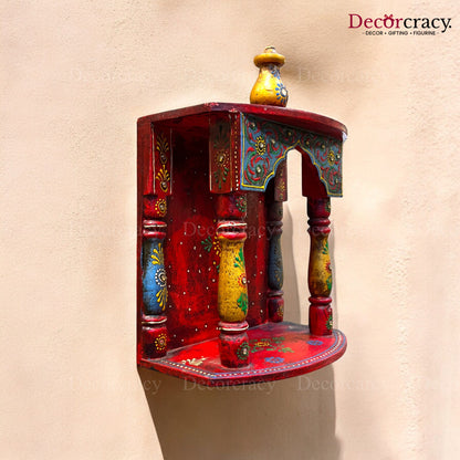 Mandir Wooden Multicolor Hand Painted Wall Mounted Temple 13"