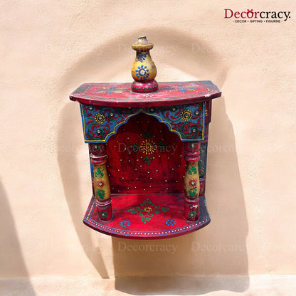 Mandir Wooden Multicolor Hand Painted Wall Mounted Temple 13"