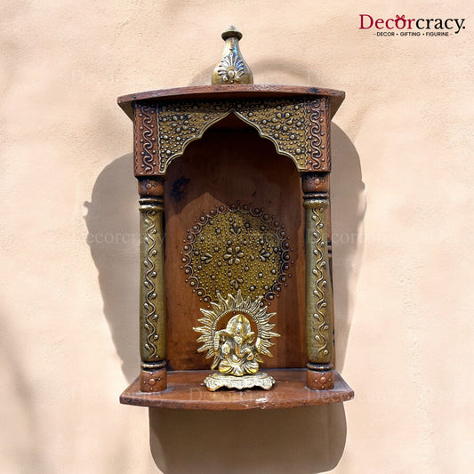 Mandir Wooden Antique Copper Hand Painted Wall Mounted Temple 16"