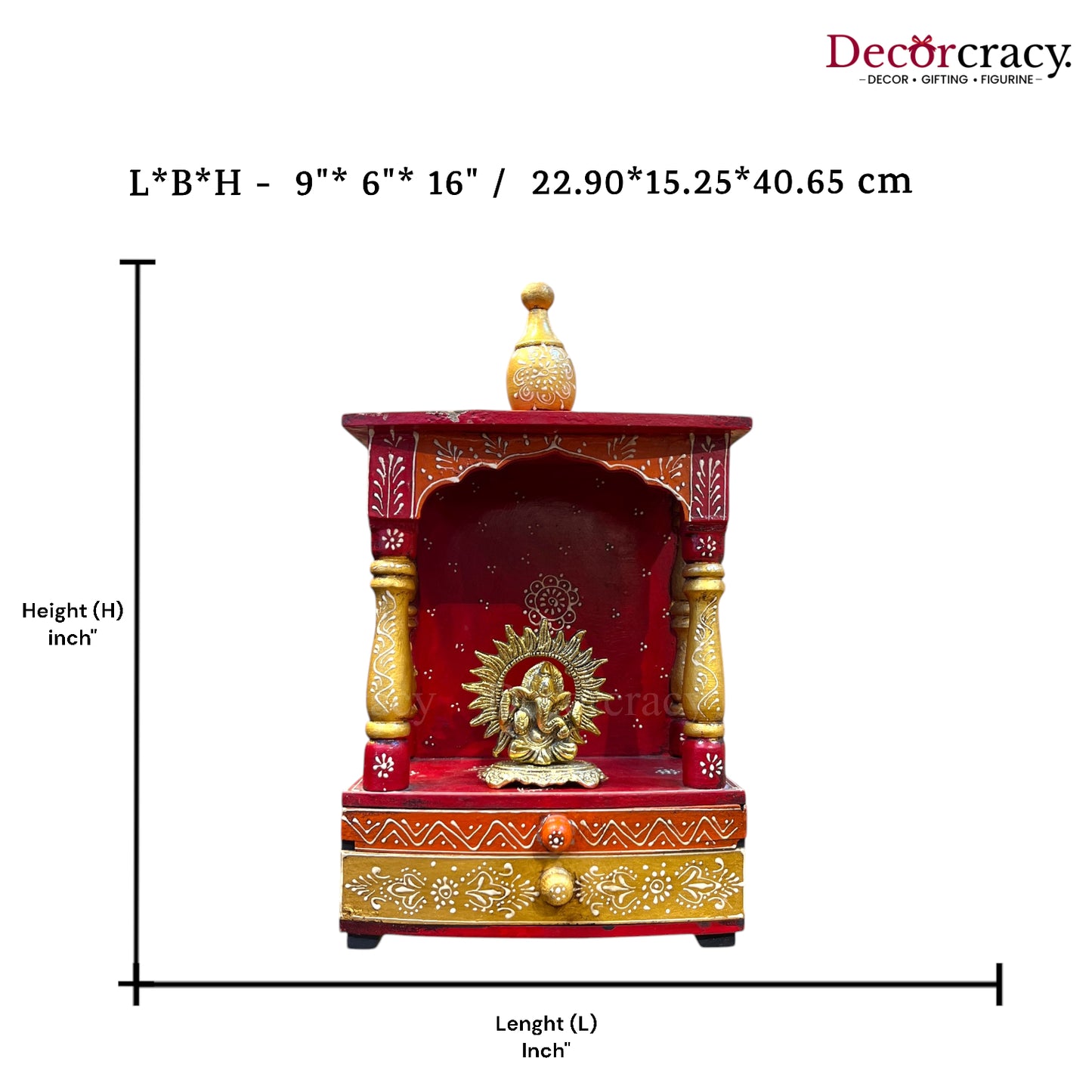 Mandir Double Storage Drawer Wooden Multicolor Hand Painted Wall Mounted Temple 16"